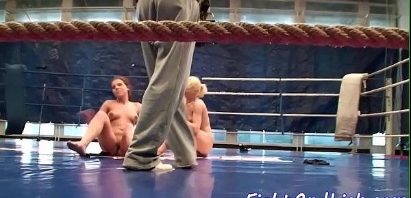  Stunning lesbians wrestling in a boxing ring